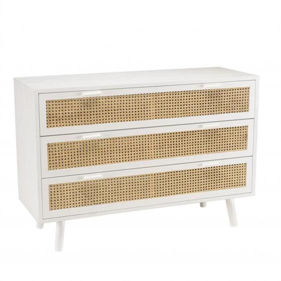 Commode - MACABANE - 3 tiroirs - Blanc - Cannage naturel - MDF laqué