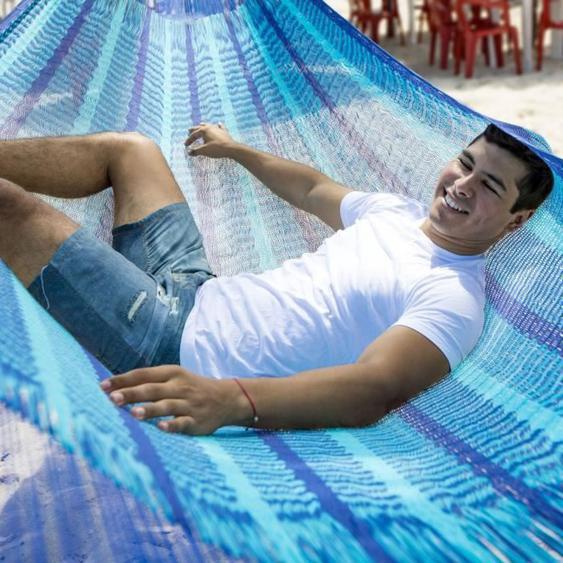 MacaMex Hamac mexicain en filet Matrimonial Caribe Plus bleu Coton pour 2 personnes Taille grand min. 210 cm x 250 cm  max 250 kg