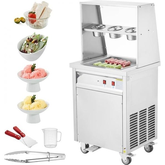 Machine à glace pour rouleaux de glace frits - Poche carrée de 35,4 x 35,4 cm - Machine à glace commerciale en acier inoxydable avec compresseur et 2 racloirs