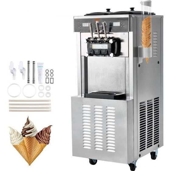 Machine à glace soft commerciale, capacité 34-44 L/h, 1850 W, autonome avec 3 parfums, 2x 9 L bac en inox, panneau LED - utilisation dun seul cylindre & refroidissement pendant la nuit.