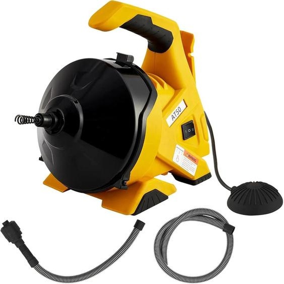 Machine de débouchage - Furet électrique - Câble de 9,1 m - Diamètre 7,6 mm - Avance automatique - Pédale de- Acier inoxydable - Jaune
