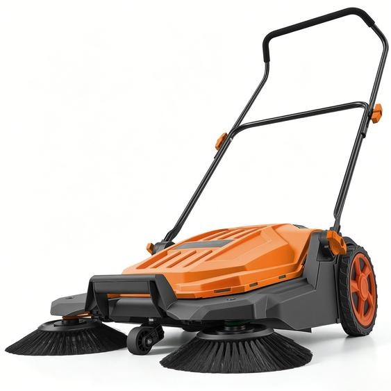 Machine de nettoyage manuel - Largeur de travail : 65 cm - Réservoir de ramassage : 19 litres - Poignée télescopique réglable - Idéale pour les cours, les allées, les terrasses et les garages - Couleur : orange