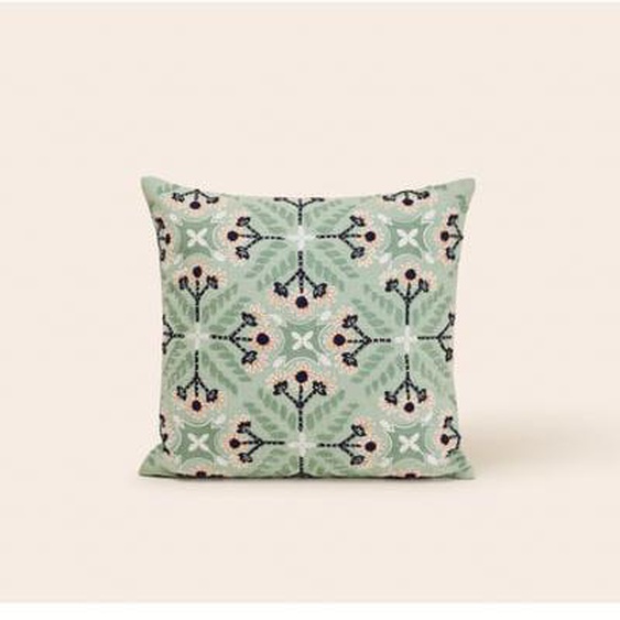 MADURA - Housse de coussin Najoua  en Coton rebrodé dune broderie florale Bleu