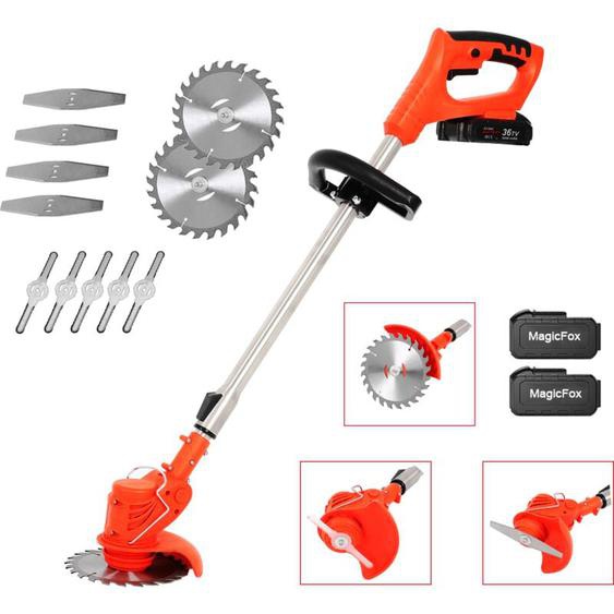 Magicfox - Coupe-bordures sans fil 36V - 2 Batteries Chargeur inclus - Tige télescopique - Angle réglable - 3 types de lame pour Herbe Jardin etc