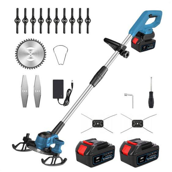 Magicfox - Débroussailleuse et coupe-bordures 2 en 1 avec 2 Batterie 4A, 4 Types De Lames, Roue latérale pour Pelouse Domestique - Bleu