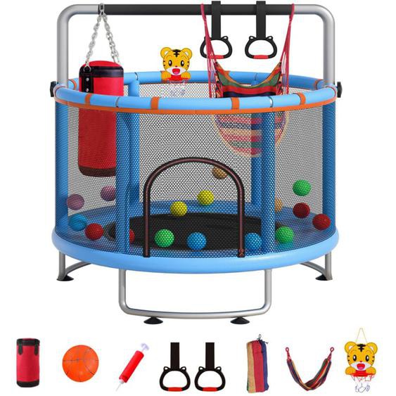Trampoline multi-fonctions Ø150cm avec Panier de basket-ball, Main courante en anneau, Anneaux suspendus, Hamac, - Charge de 150Kg - Bleu