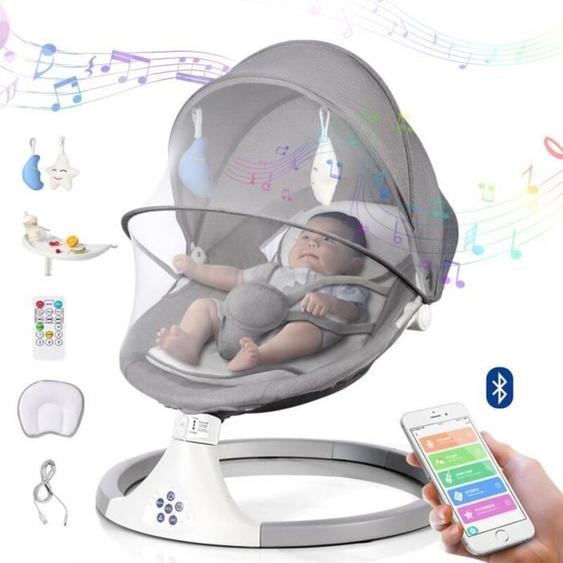 Magicfox - Transat bébé Balancelle Bébé Électrique 3 en 1 - Gris - avec Télécommande, Table à manger, 5 Modes balancement,Minuterie,Bluetooth Musique