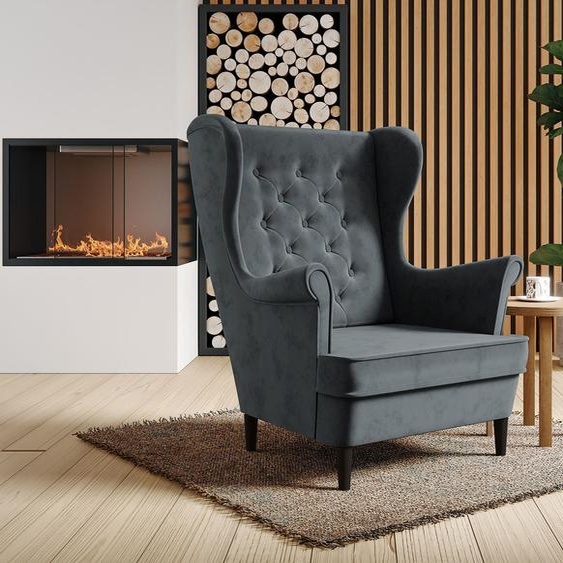 Magnifique fauteuil en velours avec pieds en bois Falco III, fauteuil à oreilles avec coutures, boutons, ressorts à soufflet (tissu : paros 06 - anthracite, couleur des pieds : wengé).