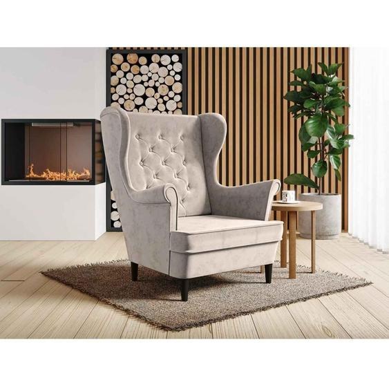 Magnifique fauteuil en velours avec pieds en bois Falco III, fauteuil à oreilles avec coutures, boutons, ressorts à soufflets (tissu : paros 02 - beige, couleur des pieds : wenge)