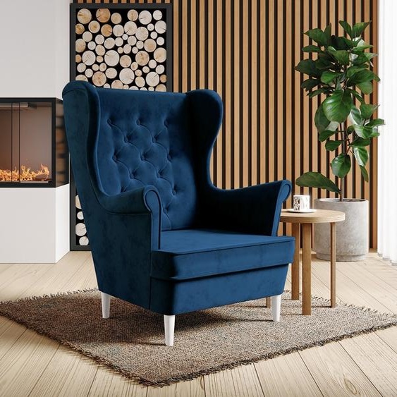 Magnifique fauteuil en velours avec pieds en bois Falco III, fauteuil à oreilles avec surpiqûres, boutons, ressorts ondulés (tissu : kronos 09 - bleu foncé, couleur des pieds : wengé)