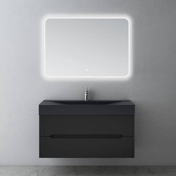 Mai & Mai Meuble de Salle de Bain Meuble Suspendu 100x56x48cm avec 2 Tiroirs Meuble Sous Lavabo et Miroir Noir Mat Yoga-Lackier