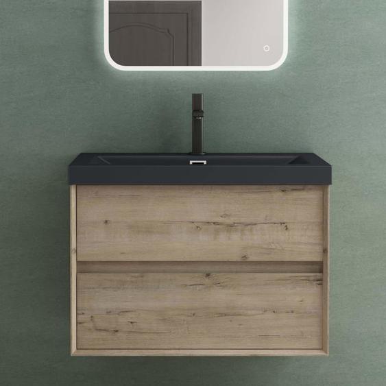 Mai & Mai Meuble sous Vasque Chêne Blanc Clair avec Lavabo Anthracite Mat Meuble Suspendu 76,5x48x55cm avec 2 Tiroirs Rimo