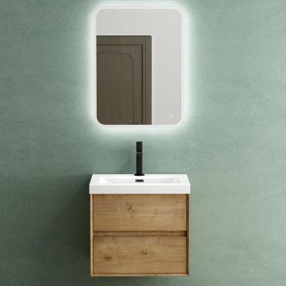 Mai & Mai® Meuble de Salle de Bain Marron Clair avec Lavabo Meuble sous Vasque 60x48x55cm Meuble Suspendu avec 2 Tiroirs Rimo