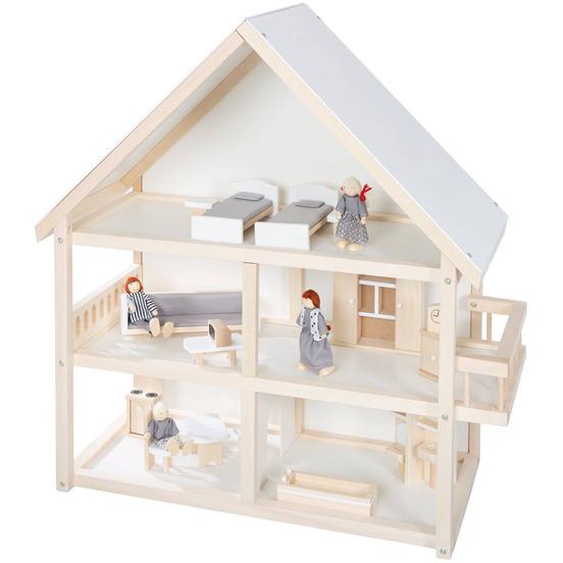 Maison De Poupée + 16 Pièces De Mobilier Et 4 Poupées Blanc / Naturel / Gris