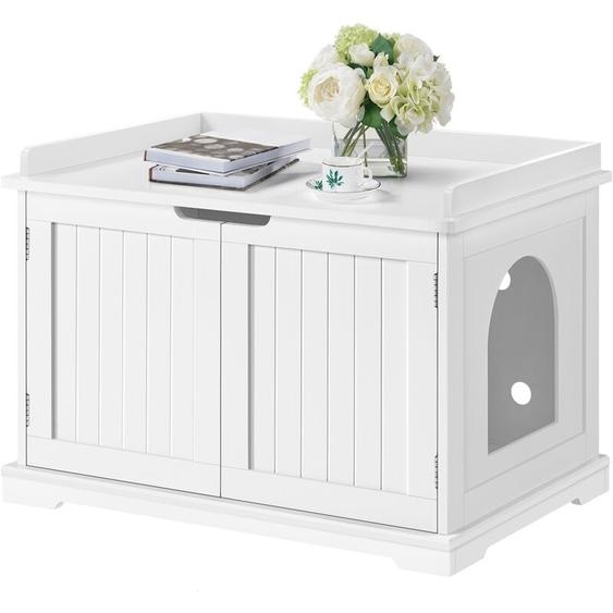 Maison de Toilette pour Chat, Meuble Cache Litière pour Chat, 2 Portes, 1 Cloison Amovible, 7 Trous dAération, Table dAppoint Chat Blanc - Yaheetech