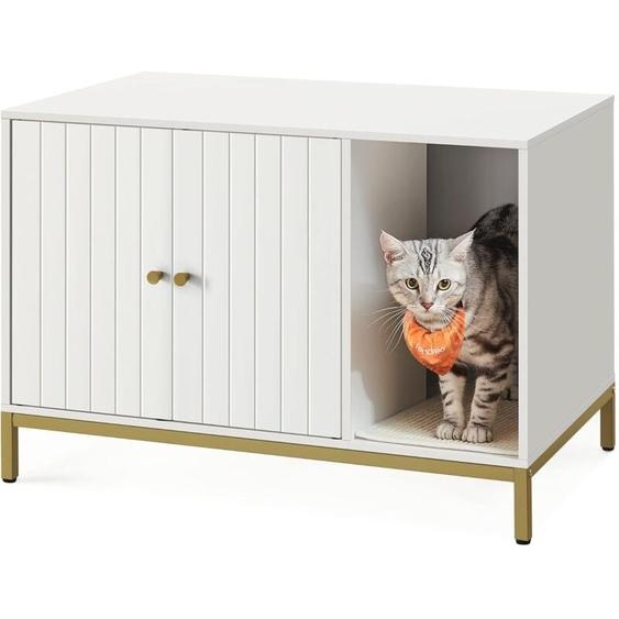 Maison de Toilettes pour Chat, Cache-litière, avec Tapis à Griffer, Pieds Hauts, Table dAppoint, 80 x 50 x 55 cm, Blanc et Doré - Feandrea