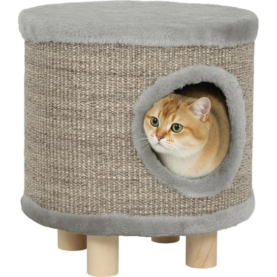 Maison & lit pour chats - Repose-pieds 3 en 1 - Colonne griffoir - Peluche - Pieds en bois - Jouets en plumes - 36 x 36 x 38 cm - Gris