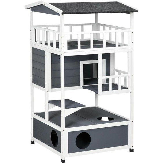 Maison pour chat Fortuna Lai avec toilettes, 4 étages, cabane pour chat avec balcon, villa pour chat avec escalier, toit en asphalte, bois massif, gris, 78 x 76 x 140 cm