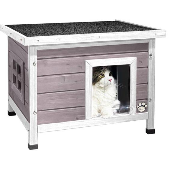 Maison pour chat niche en bois gris - toit bitumé autoportant et incliné - porte à lamelles - fenêtre en plexiglas