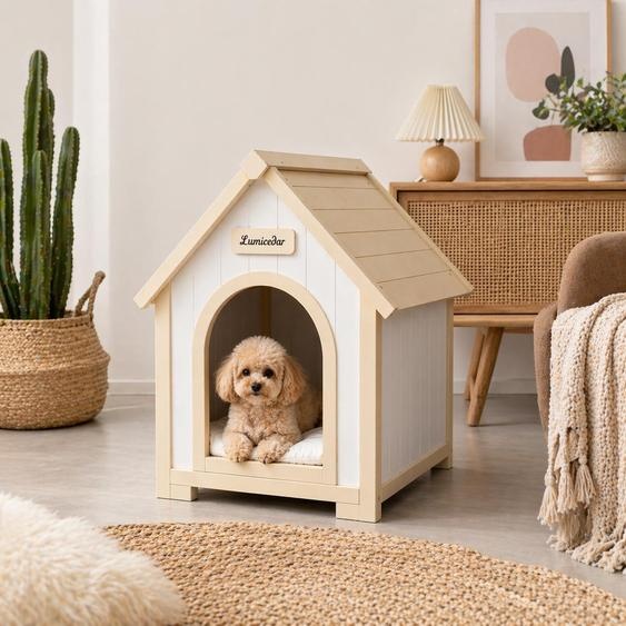 Maison pour chats et abri pour chiens en bois massif , design scandinave, pour petits animaux (blanc crème)
