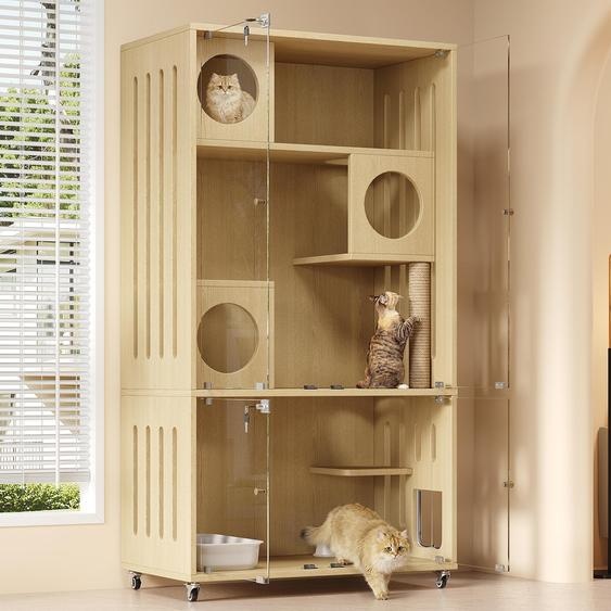Maison pour chats Fliek, avec griffoir intégré. Villa pour chats. Cage pour chinchillas avec portes en verre verrouillables. Cage pour chats avec porte dentrée et de sortie. Aspect naturel