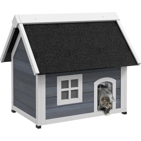 Maison pour chats - Niche pour chats en bois - Toit bitumé pliable - Fenêtres et portes - 77 x 57,5 x 68 cm - Gris/Noir