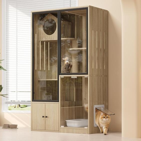 Maison pour chats, villa pour chats avec griffoir, cage pour chats, cage pour chinchillas avec portes en verre, maison pour chats avec placard et porte dentrée/sortie, aspect naturel