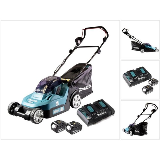 Makita DLM 382 PM2 Tondeuse à gazon sans fil 36 V ( 2x 18 V ) 38 cm 40 l + 2x Batteries 4,0 Ah + Chargeur double