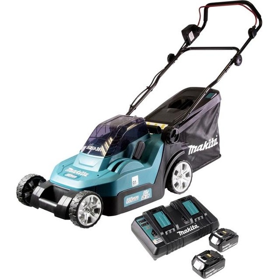 Makita DLM 432 PT2 Tondeuse à gazon sans fil 36 V ( 2x 18 V ) 43 cm Brushless + 2x Batteries 5,0 Ah + Chargeur double