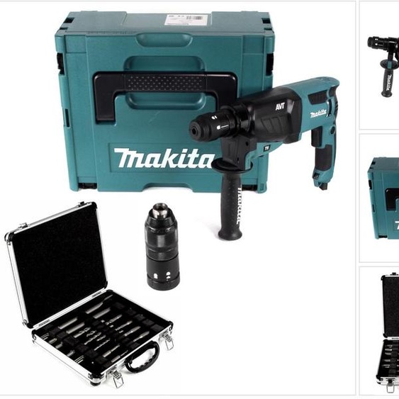 Makita HR 2631 FTJ Marteau combiné 800 W avec mandrin SDS Plus et mandrin à serrage rapide en Makpac + kit de burins et forets Bosch 11 pces pour SDS-Plus en coffret aluminium