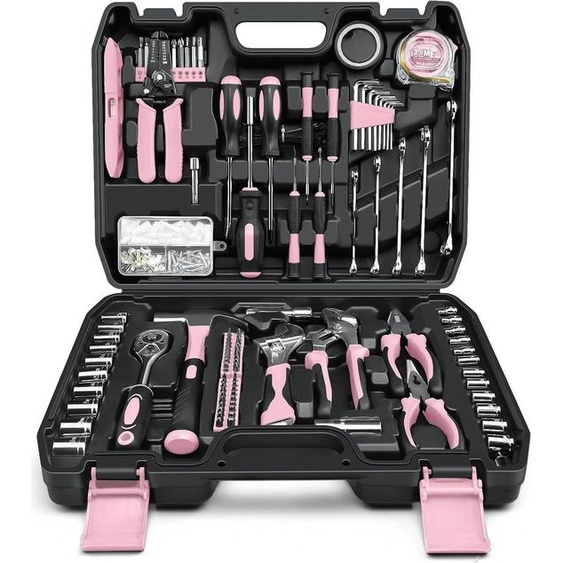 Mallette à outils Sundpey 281 pièces - Kit doutils complet portable avec jeu de clés à douille Jeu de tournevis Pinces Boîte à outils rose
