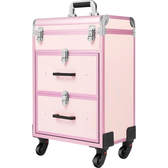 Mallette de maquillage sur roulettes - Mallette de cosmétiques à 3 niveaux - Cadre en aluminium, plaque en plastique ignifuge - Poignée télescopique - Roues universelles silencieuses - Fermeture de sécurité - Capacité de charge : 50 kg - Rose