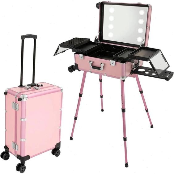Mallette de maquillage sur roulettes - Trolley de maquillage - Avec éclairage intégré - Grand organisateur pour manucure - Cuir synthétique (PU) - Station de beauté portable