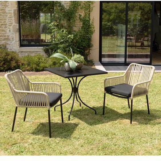 MALO - SALON DE JARDIN 2 PERS. - Table carrée 70x70cm et 2 fauteuils beiges et noirs en cordage
