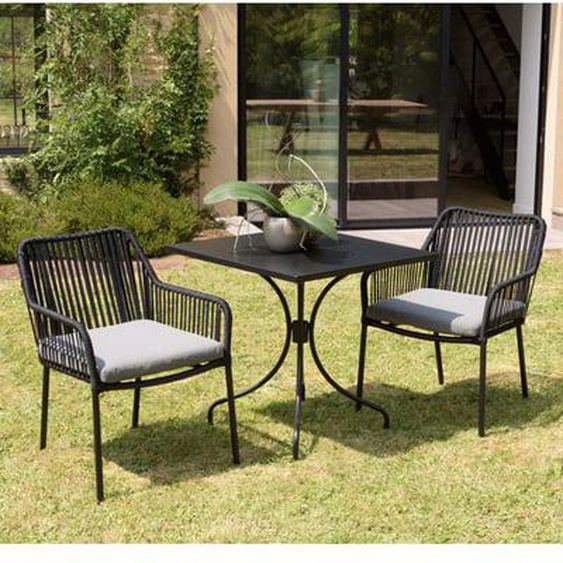 MALO - SALON DE JARDIN 2 PERS. - Table carrée 70x70cm et 2 fauteuils gris et noirs en cordage