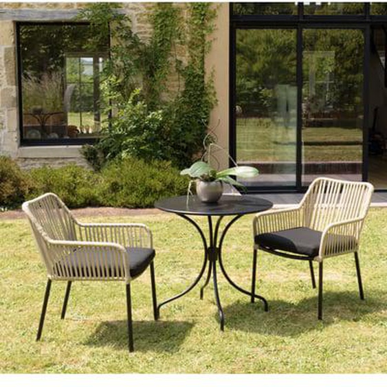 MALO - SALON DE JARDIN 2 PERS. - Table ronde 70x70cm et 2 fauteuils beiges et noirs en cordage