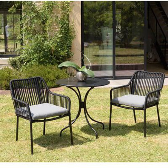 MALO - SALON DE JARDIN 2 PERS. - Table ronde 70x70cm et 2 fauteuils gris et noirs en cordage
