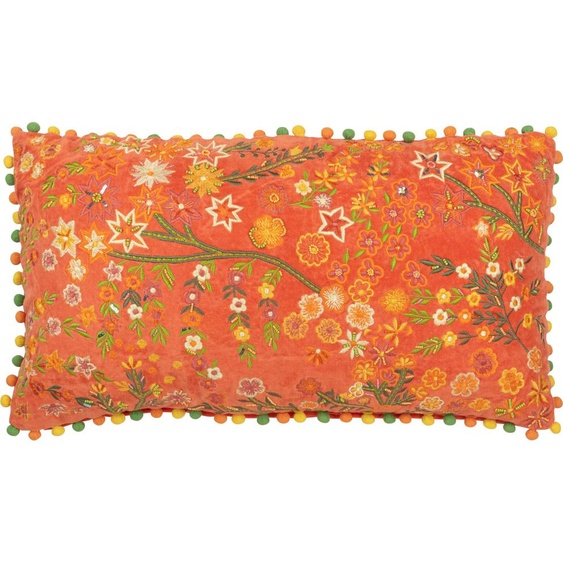 Manahee Design | Coussin Rectangle Fleurs + Pompons Velours Orange | Coton/Lin/Polyester | 65x35x15 cm