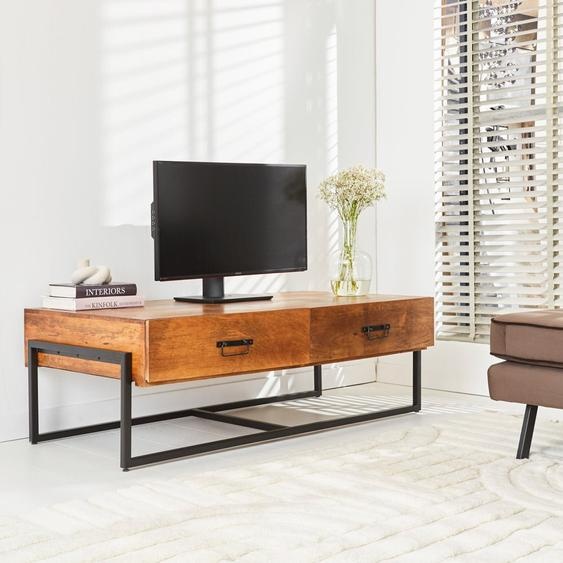 Manahee Design | Meuble TV Industriel Emma | Mangohout brun | 140 x 75 x 46 cm | 2 tiroirs