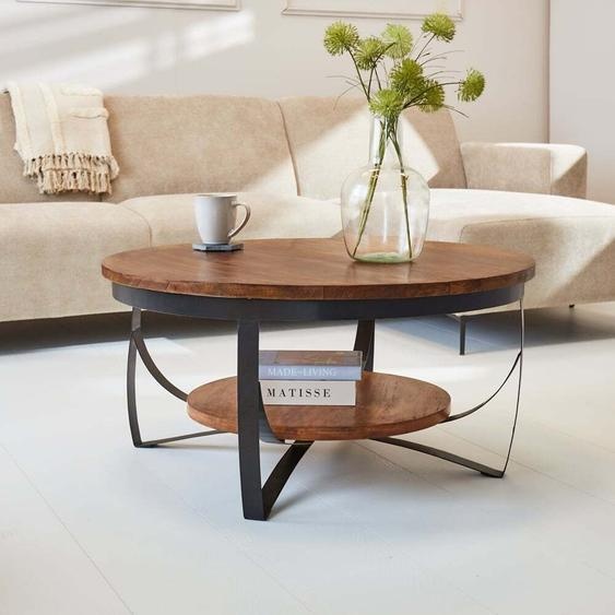 Manahee Design | Salontafel Industriel Oxis en Bois de Manguier Massif Brun | Cadre Métal Noir | Ø70 x 35 cm