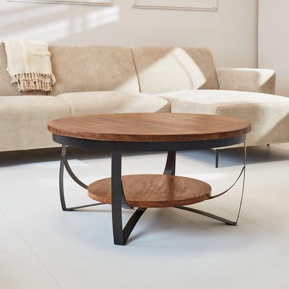 Manahee Design | Table Basse Industrielle Oxis en Bois de Manguier | Cadre Métal Noir | Ø90 x 44 cm