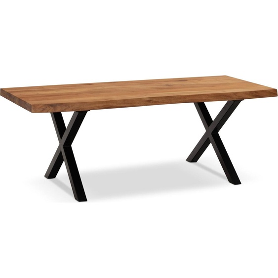Manahee Design | Table basse rectangle 120x60x46 cm | Acacia massif | Plateau bord naturel doré