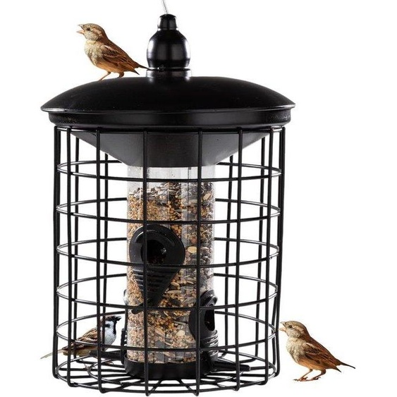 Mangeoire robuste pour oiseaux Unyqoos® avec cage de protection, en métal, noire, 58 cm – Station dalimentation pour petits oiseaux, avec 4 ouvertures, toit amovible