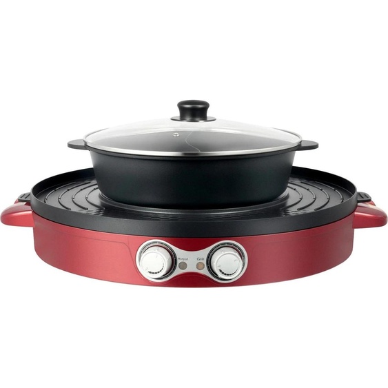 Marmite électrique avec grill - Ensemble de grill de table rond - 2200 W, 220 V - Ø 52 x 18,5 cm - Revêtement antiadhésif - Rouge