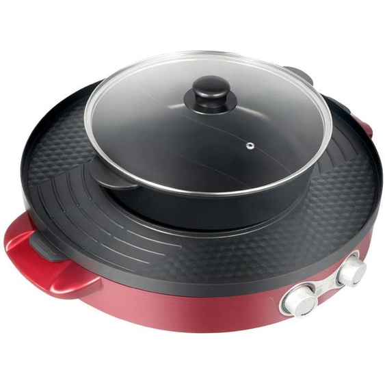 Marmite électrique avec grill - Grill de table - 2200 W - 28,4 cm - Plaque de cuisson amovible - Double casserole séparée - Revêtement antiadhésif - Facile à nettoyer - Rose