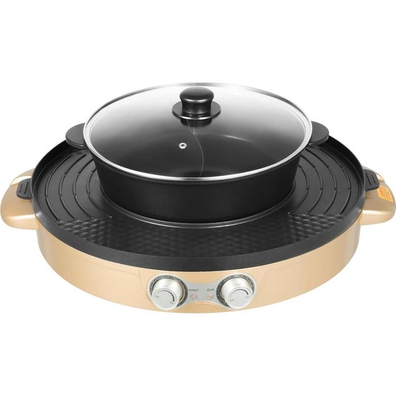 Marmite électrique avec plaque de cuisson - Gril de table et marmite - Puissance de 2200 W - Diamètre de 44 cm - Double zone de cuisson - Revêtement antiadhésif - Couvercle en verre - Bleu