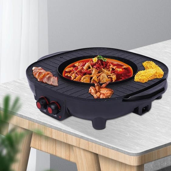 Marmite électrique et grill - Cuiseur double zone 26 cm 2000 W - Casserole + plaque de cuisson - Antiadhésif - Réglage de la température - Noir