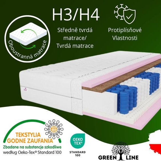 MARPUR, matelas à ressorts ensachés 7 ZONES Comfort 160x200x26 cm, latex -coco Matelas degré de dureté H3/H4, couleur : blanc, housse incluse