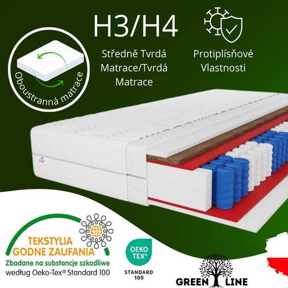 MARPUR, matelas à ressorts ensachés 7 ZONES Salsa coco 180x200x25 cm, matelas double face coco degré de dureté H3, couleur : aloe vera, housse incluse