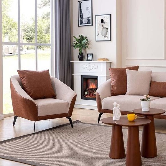 Marron-Beige Salon Ensemble de canapés design trois places Fauteuil de luxe JVmoebel